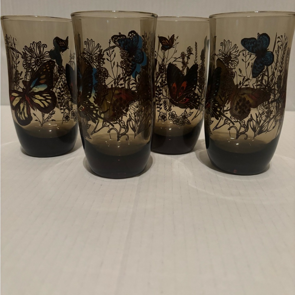 Vintage 4 Butterfly Tumblers Glass Anchor Hocking Smokey Brown 1970s Retro